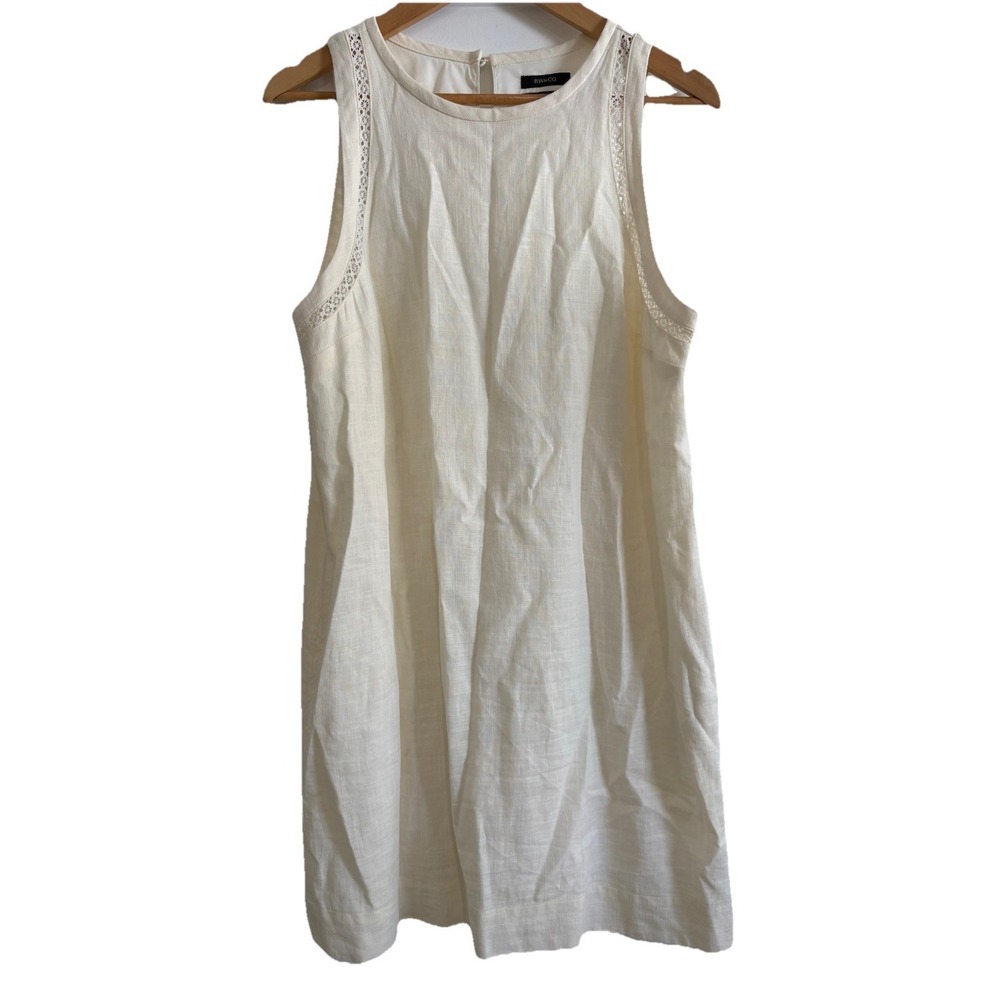 RW&CO Ivory Linen Blend Sleeveless Shift Dress Pockets Lace Detail Size L Large